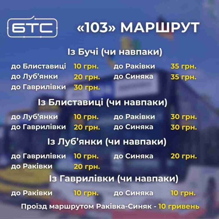 Вартість маршрут 103 Буча-Синяк