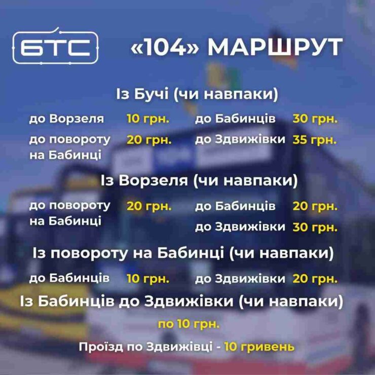 Вартість маршрут 103 Буча-Здвижівка